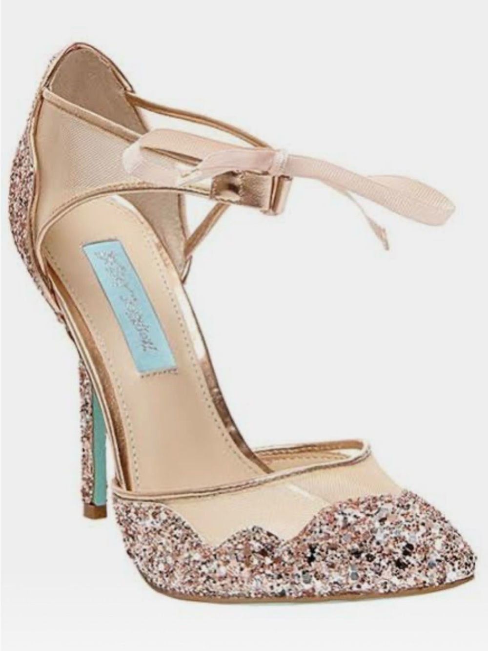 Betsey Johnson Pink Blush Glitter Ankle-Tie Pointed Heel